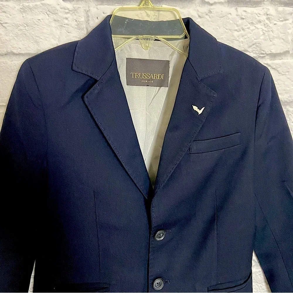 Trussardi Boy's 10 Navy Blue Wool Blend 2 Button Blazer
